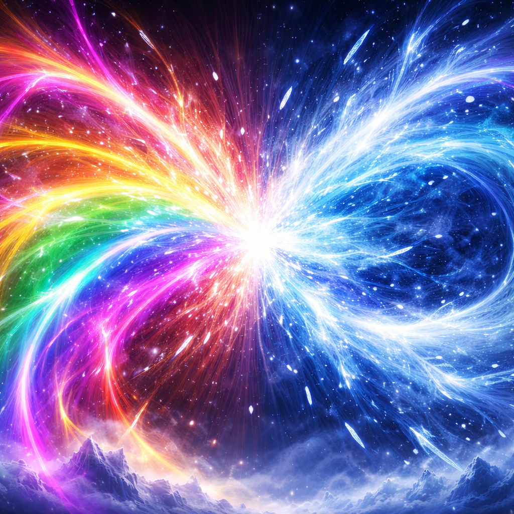 虹色の圧と水色の圧が衝突したイメージ画像