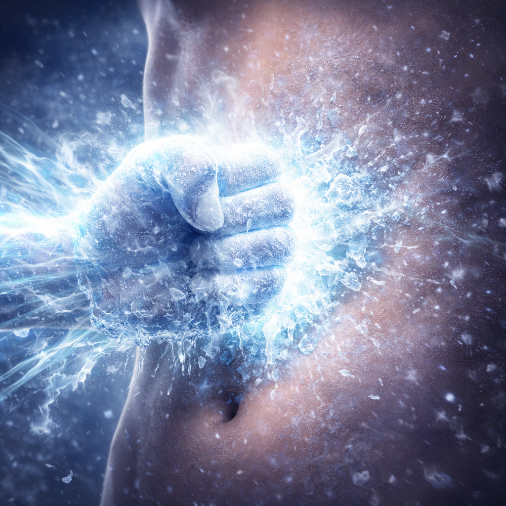冷気を纏った拳で腹部を殴られたイメージ画像