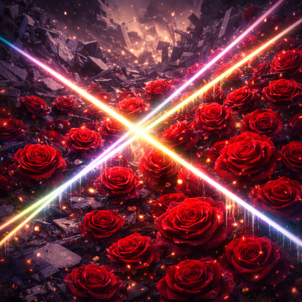 大量の花にある極細い虹色の発光線のイメージ画像