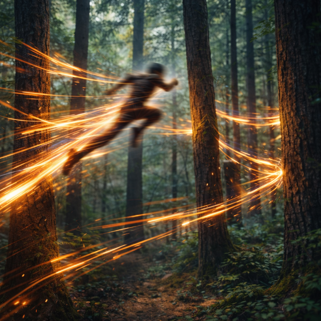 木の間を高速移動するトリッキームーブのイメージイラスト