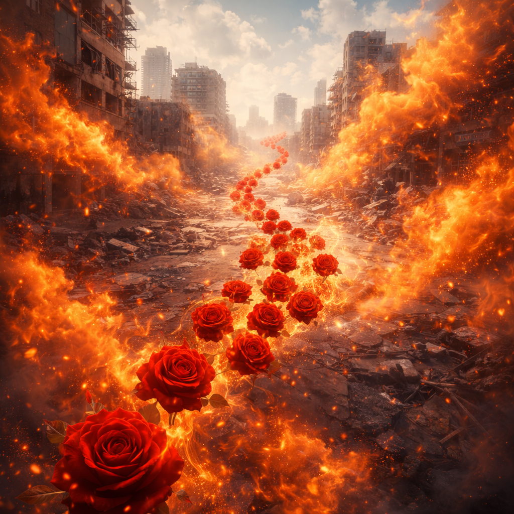 オレンジ色の霧中突き進む赤い花のイメージ画像