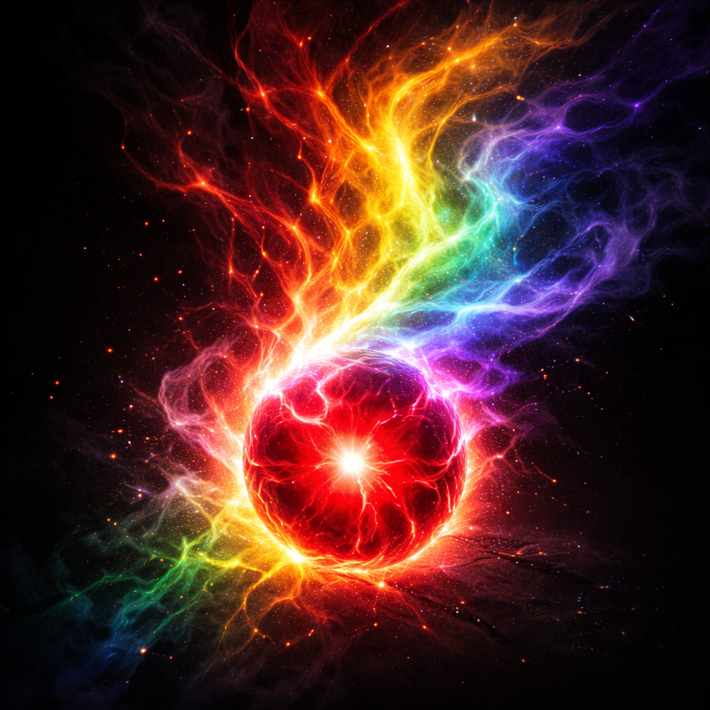 虹色のオーラを纏った赤い球体のイメージ画像