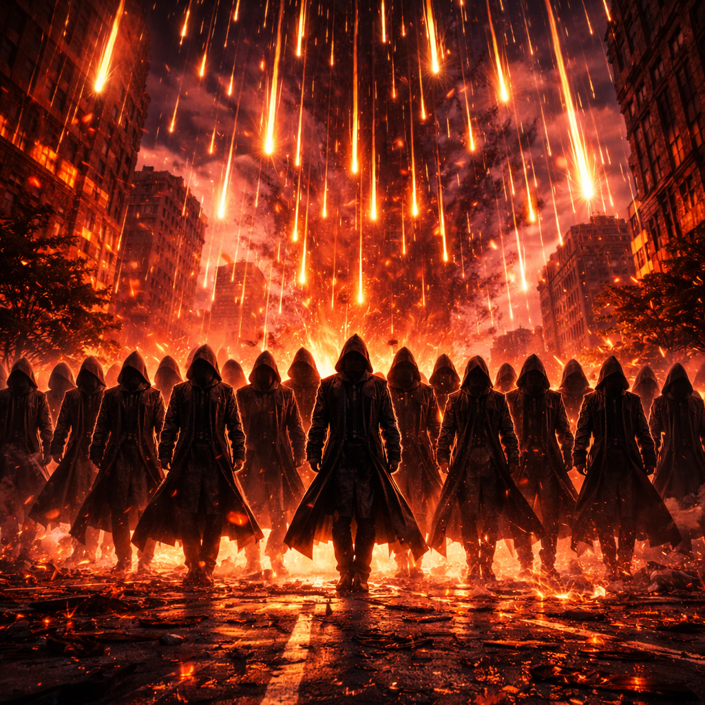 フードを被った人たちへ降り注ぐ光の雨のイメージ画像