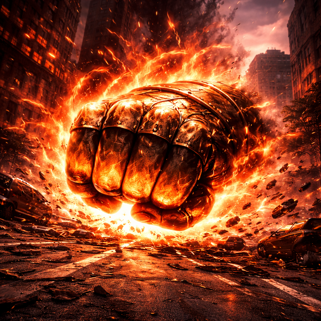市街地で放たれる巨大な鎧をまとった拳のイメージ画像