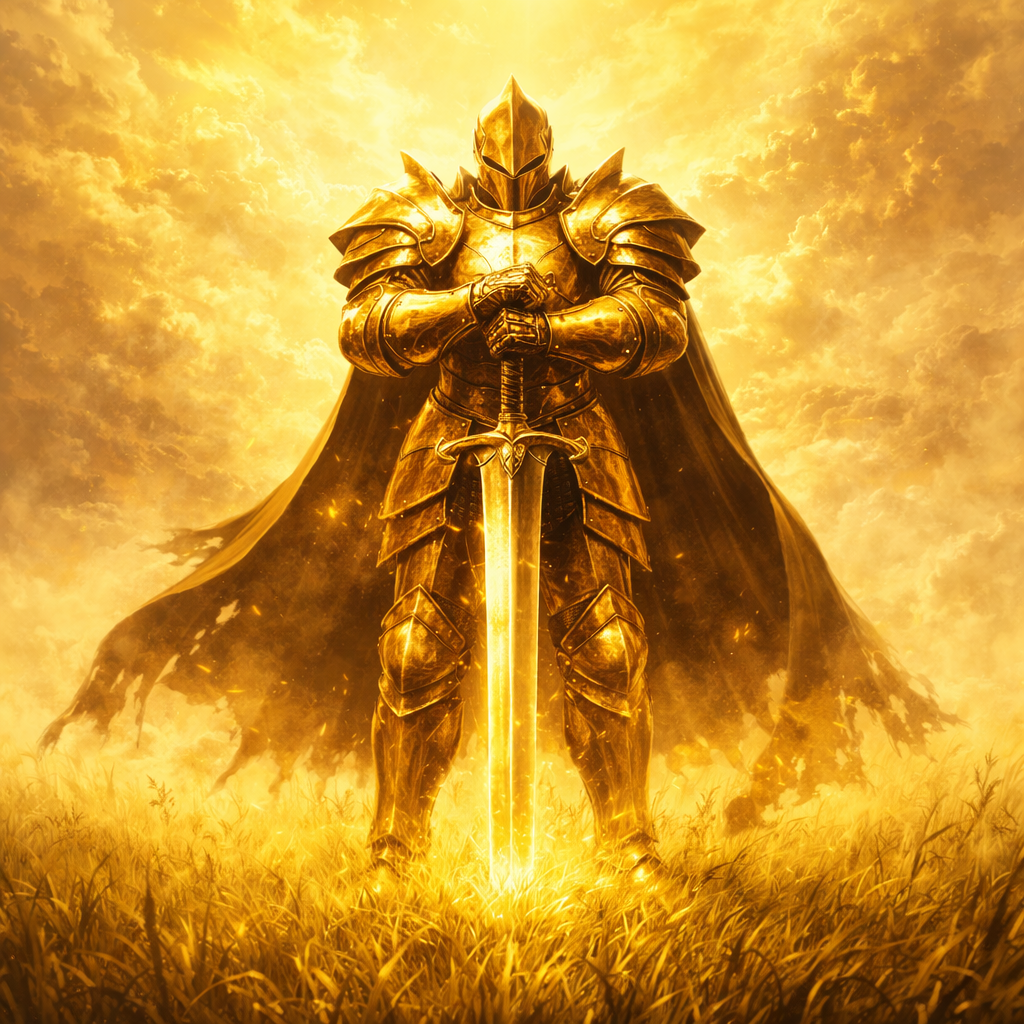 黄色の草原に佇む黄色の鎧を着た騎士のイメージ画像