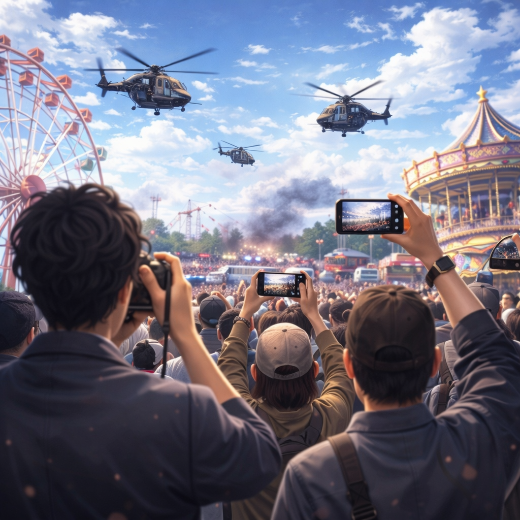 遊園地内で起こっている騒ぎに集まるイメージ画像