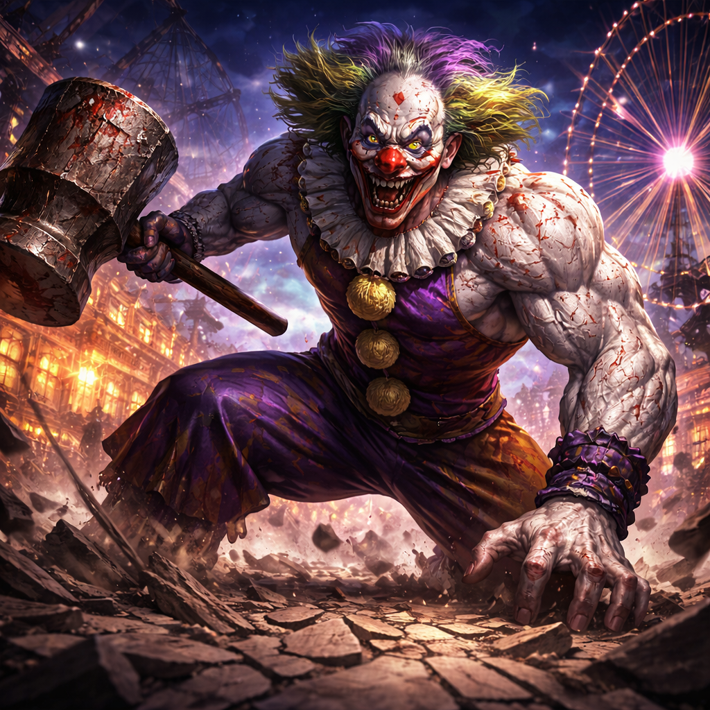 遊園地内で暴れる狂暴なピエロのイメージ画像