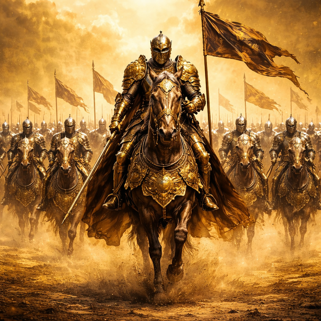 黄色の荒野から歩いてくる黄金騎士のイメージ画像