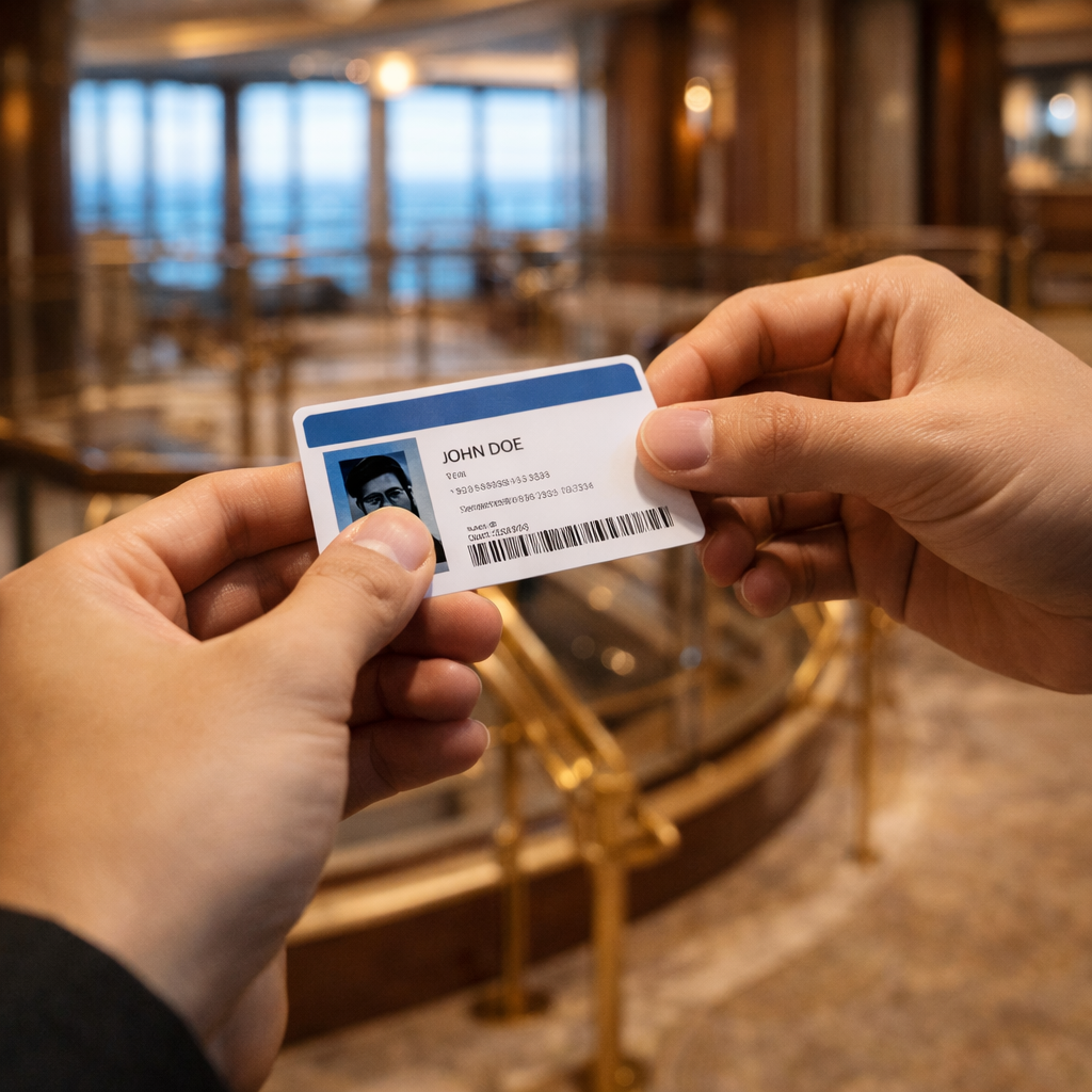 船内で自分の身分を証明するため身分証カードを手渡すようなイメージ画像